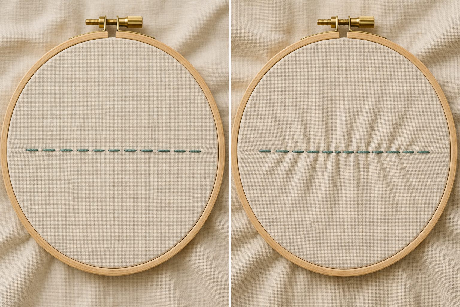 Comparación entre puntadas con tensión correcta y tela fruncida por exceso de tensión